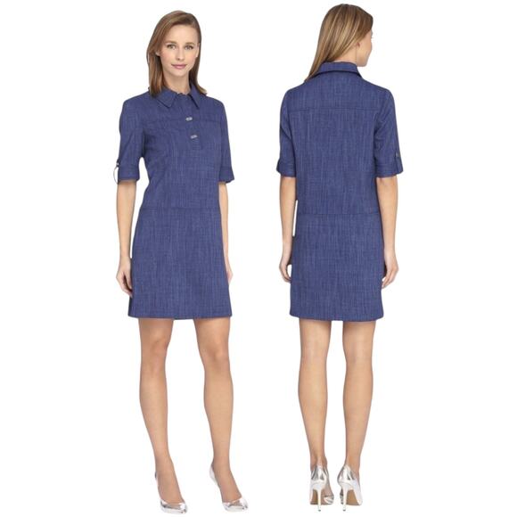 Tahari 6220M386 Popover Short Sleeve Turn Lock Shift Dress Blue 4 - Picture 1 of 6